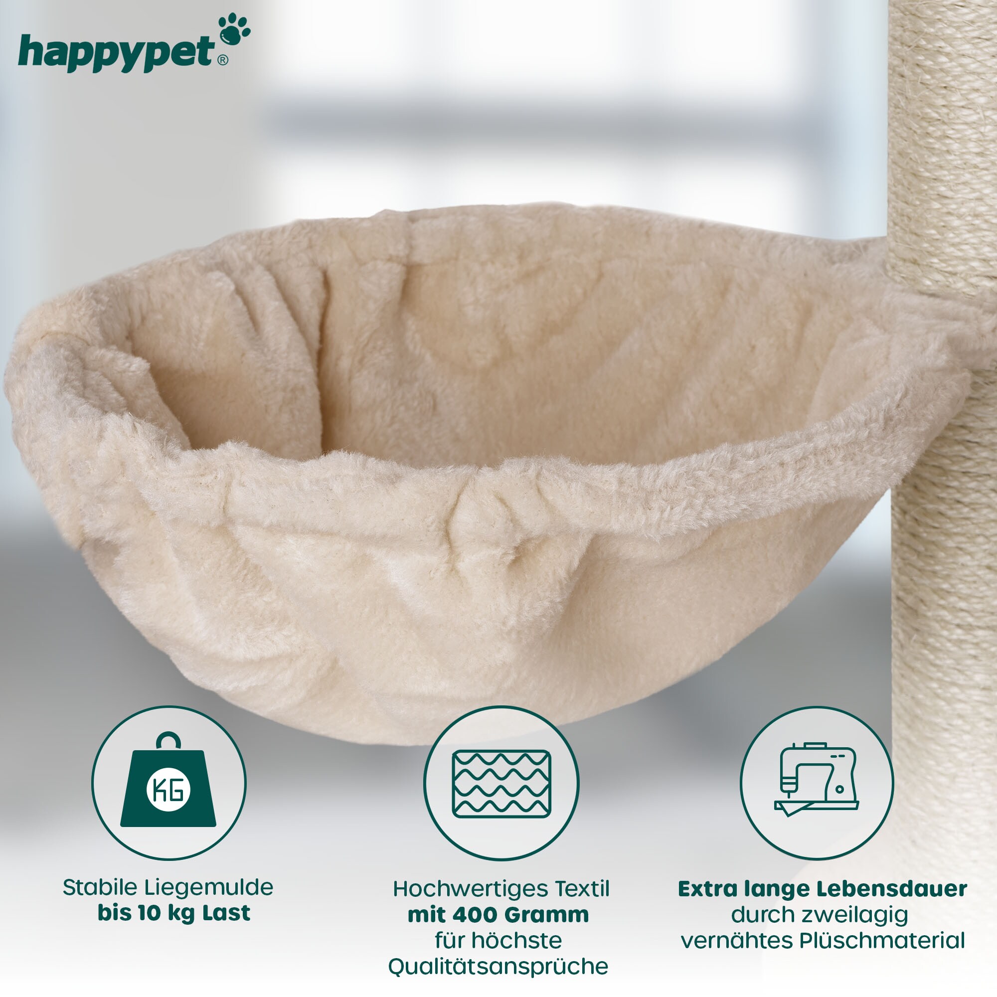 HAPPYPET Kratzbaum deckenhoch bis 260 cm Kletterbaum SIMBA - Extra breit, Häuser, Treppen, Liegemulden, großer XXL Katzenbaum Stabil für Katzen, 9 cm Säulen | Beige