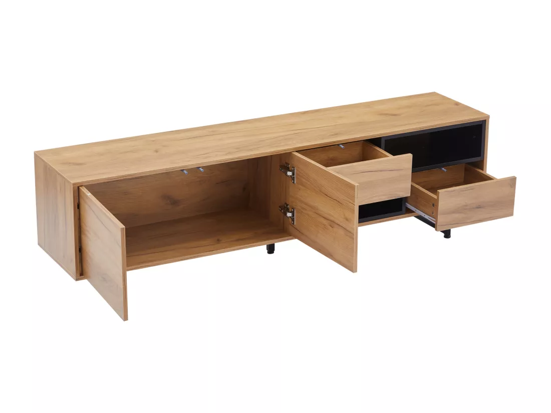 Meuble TV - avec 2 tiroirs 2 portes 2 compartiments ouverts - Naturel