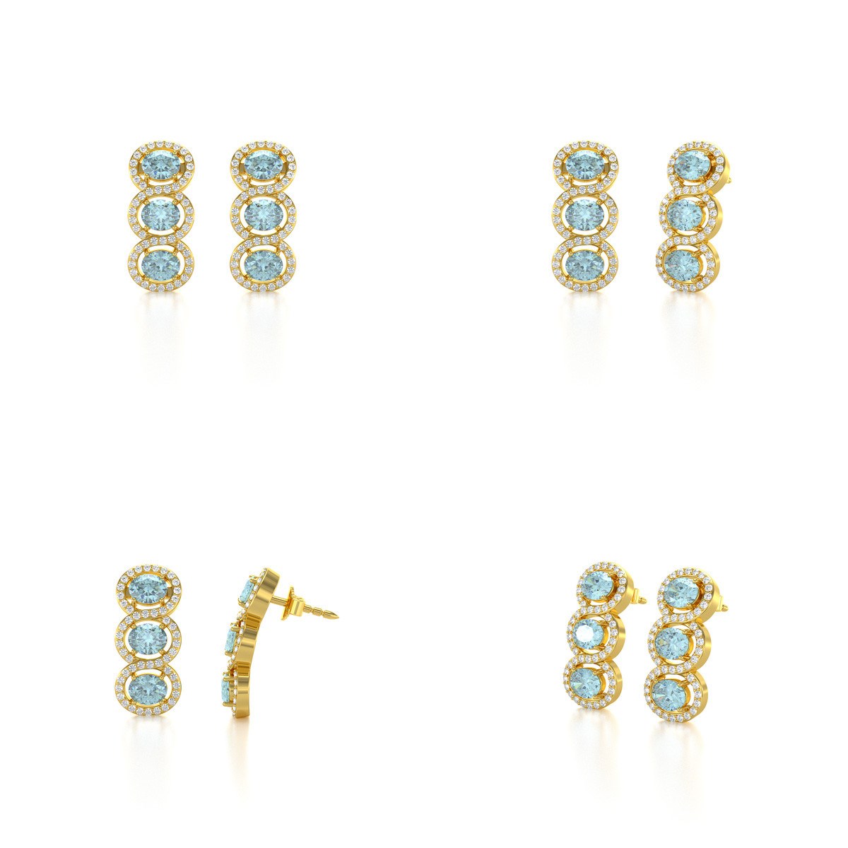 Boucles d'oreilles ADEN Or 585  Jaune Aigue-Marine forme Ovale et Diamants 4.55grs