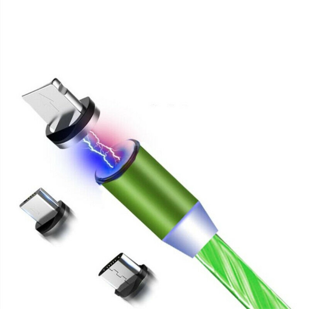 (1m) 2.4A 3in1 Magnetisches Ladekabel LED Leuchtendes Datenkabel Apple Lightning / Micro USB / USB C - Grün