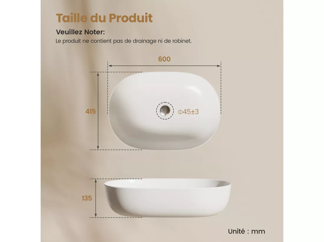 EMKE Vasque à Poser Rectangulaire Arrondie 600 x 415 x 135 mm, Lavabo en Céramique de Salle de Bain, Blanc Mat