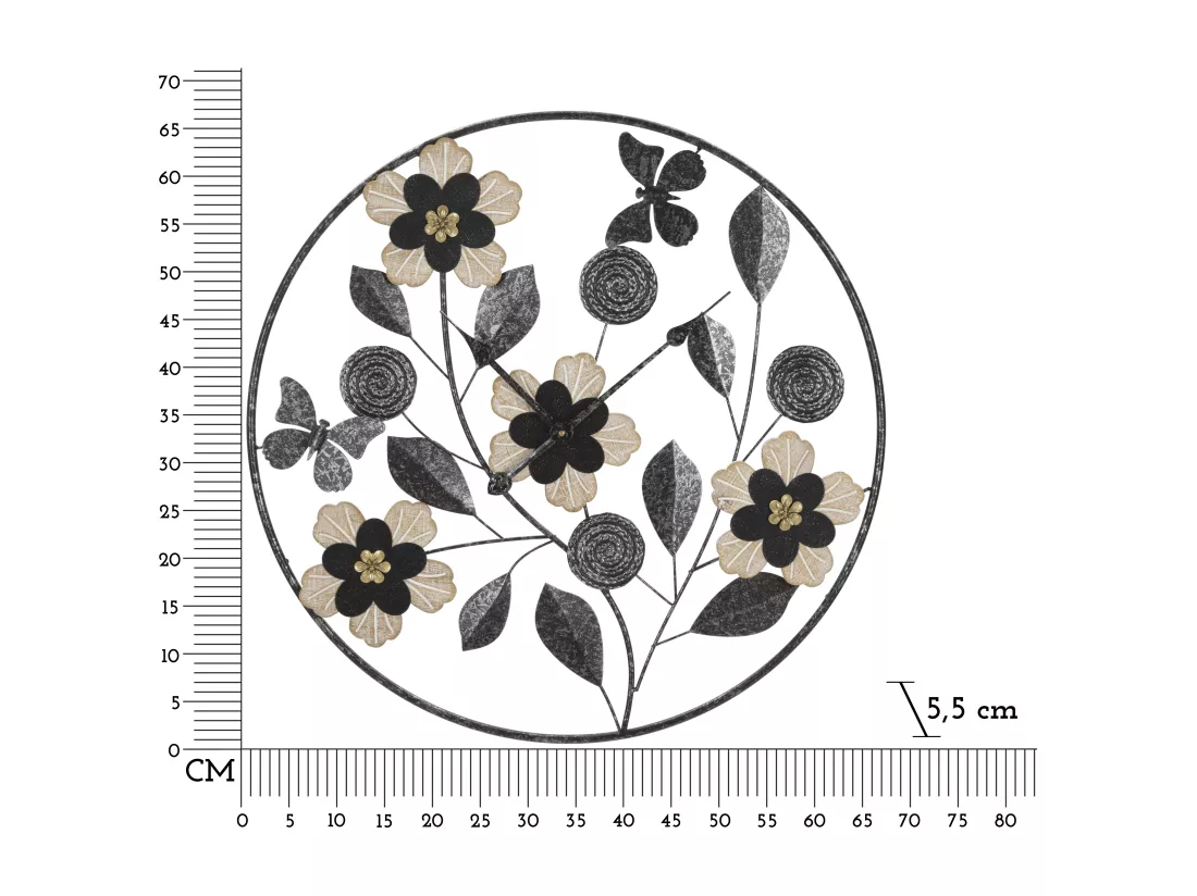 Horloge Murale Rond Divaker - Cadre Décoré avec Motifs Fleurs, Feuilles et Papillons - Ø 67x5,5 cm