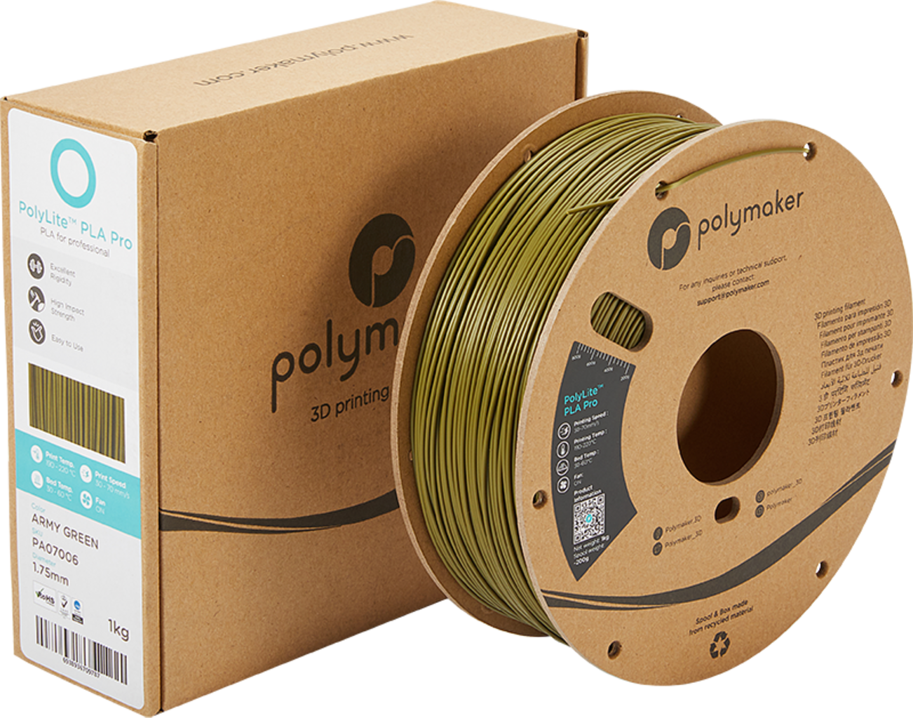 Polymaker  PolyLite PLA PRO Army Green, 1,75 mm (1.000 g)    PLA Filament mit exzellenten Eigenschaften für FDM Drucker