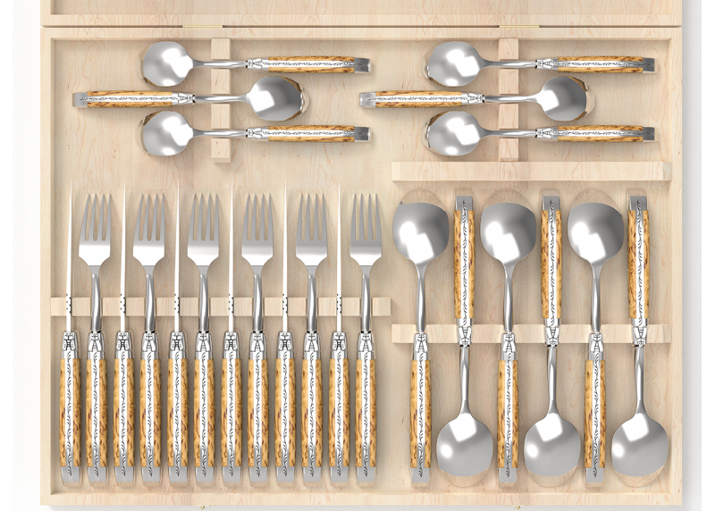 Service Laguiole de 24 pièces avec un manche en bois de bouleau et mitres en acier inoxydable