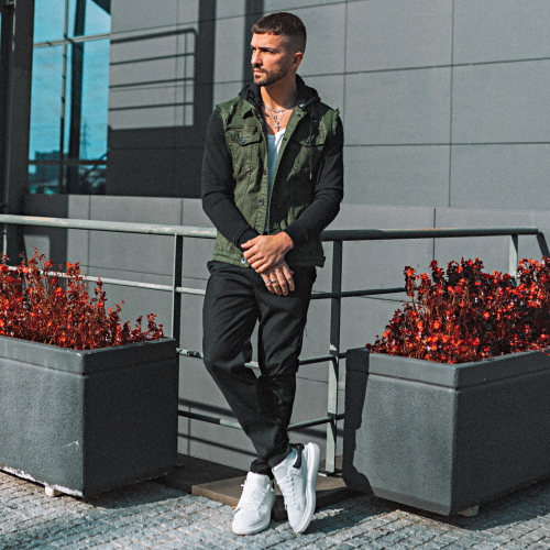 Veste Jean A Capuche 2052 Noir Denim Vert Kaki