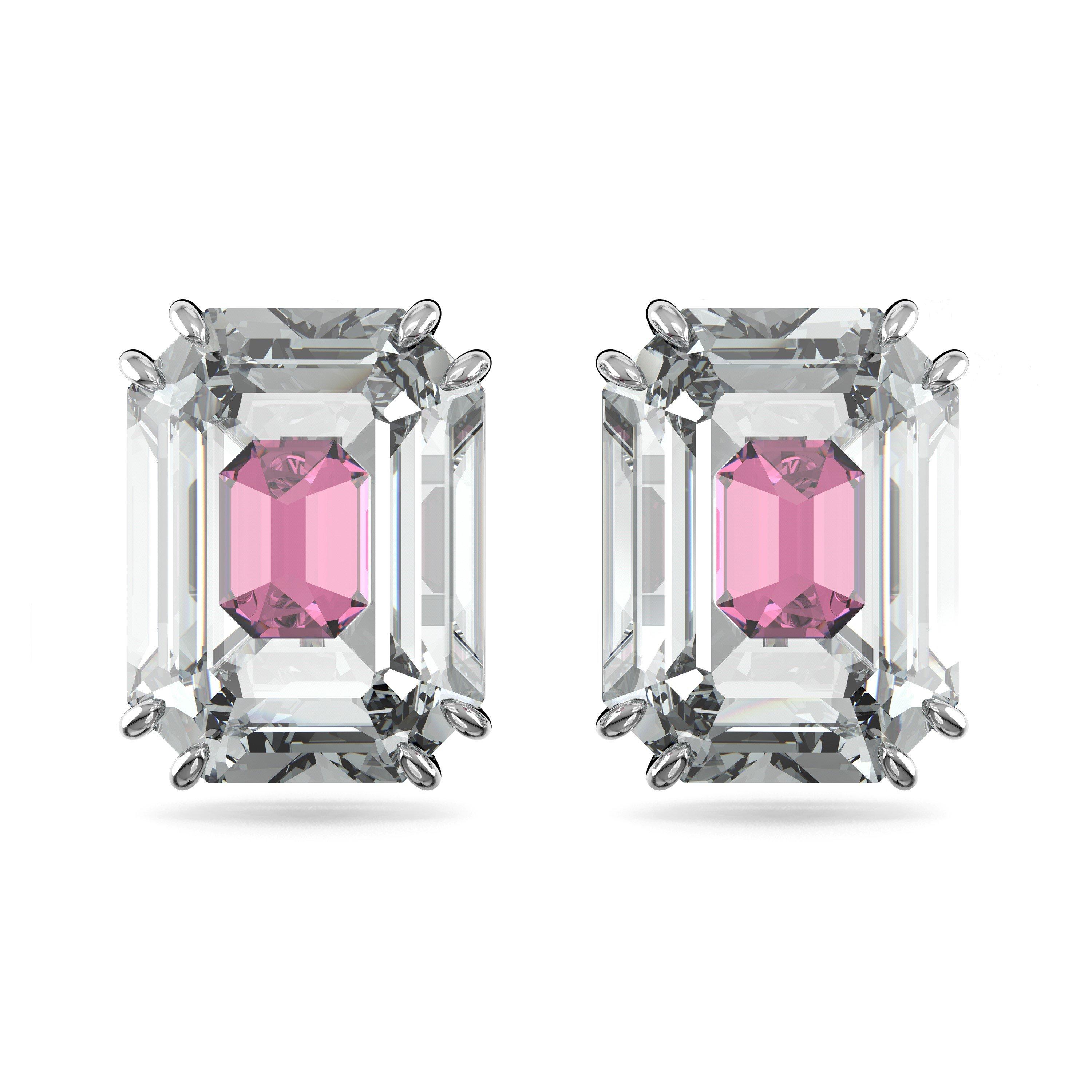Swarovski Chroma stud earrings, Octagon cut, Pink, Rhodium plated