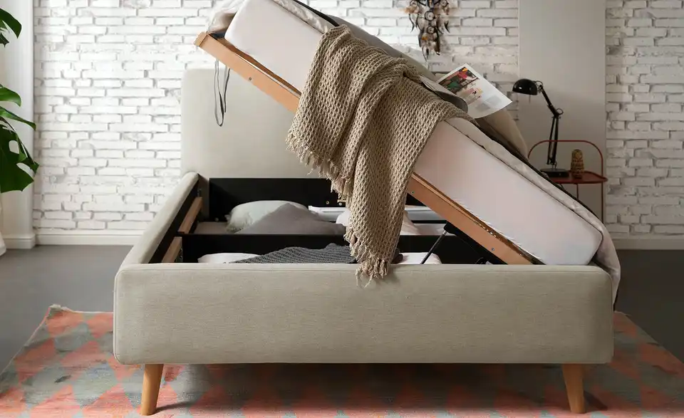 Polsterbettgestell Mattis Taupe Webstoff fein 140 cm mit Bettkasten