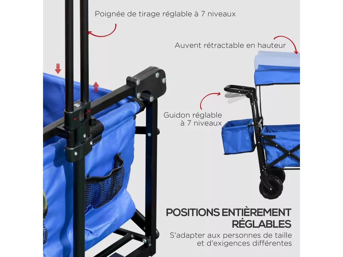 Chariot pliant avec toit, poignée, panier - chariot de plage - chariot de transport pliable tout-terrain métal noir oxford bleu