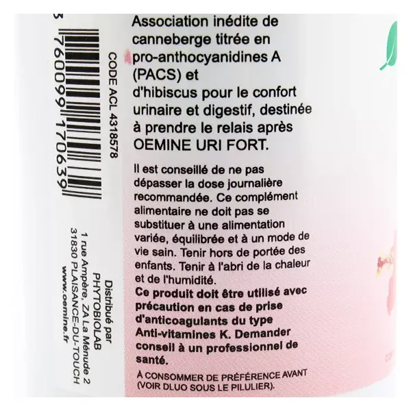 Oemine Urinary Comfort Uri Cranberry Hibiscus 60 cápsulas