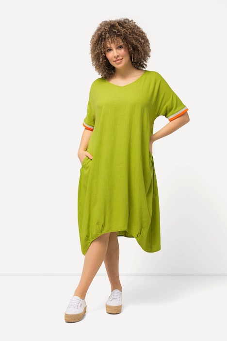 Midikleid, Leinenmix, V-Ausschnitt, Fledermaus-Halbarm
