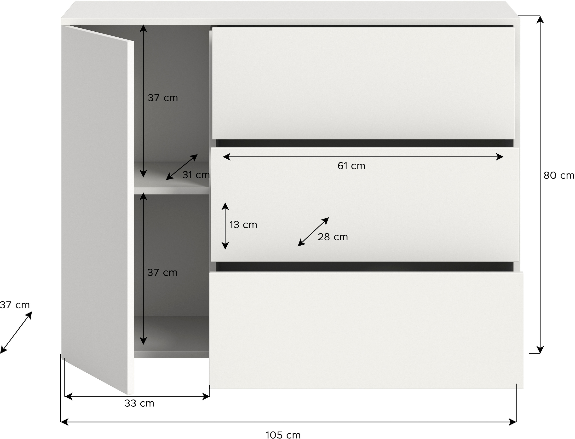 INOSIGN Sideboard »Zolder, Breite 105 cm, push-to-open, 1 Tür, 3 Schubkästen« Anrichte, Kommode, Schrank