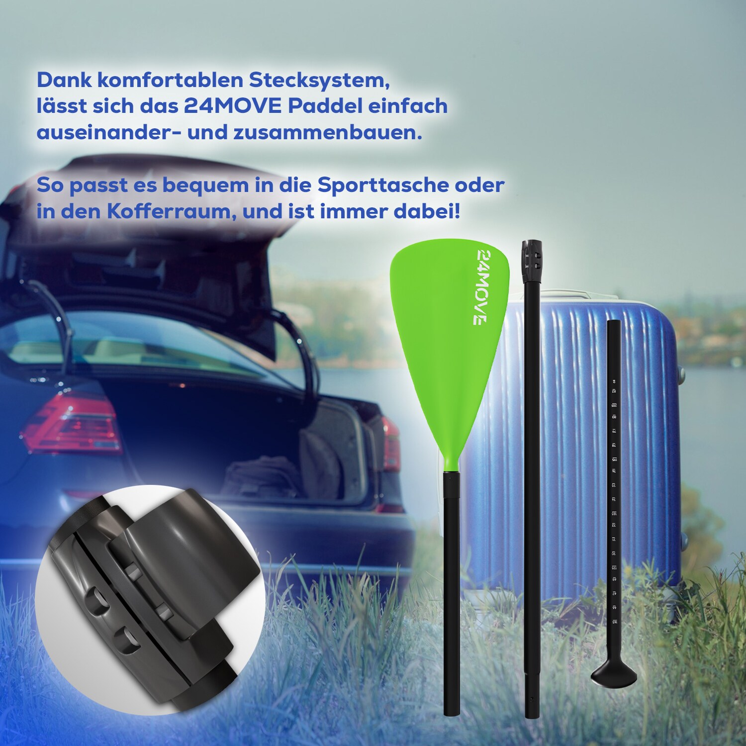 24MOVE® Paddel Einzelpaddel Stechpaddel für SUP Stand Up Board, Kajak, Leicht aus Aluminium 210cm, verstellbar grün