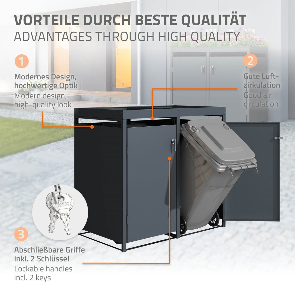 ML-Design 3-baks afvalcontainer met groen dak voor 3 afvalbakken, 240L, 200x80x124cm, antraciet, staal, weerbestendig, afsluitbare afvalbakbehuizing met deur, afvalbakbox, afvalbakcontainer, afvalbakdeksel
