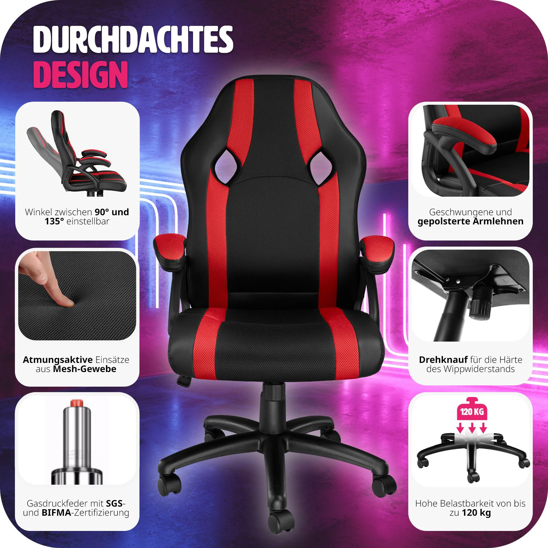 tectake® Bürostuhl, ergonomische Form, Kunstlederbezug mit Mesh-Gewebe, Belastbarkeit 120 kg