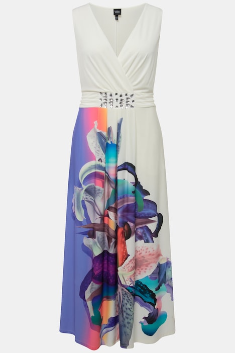 Maxikleid, Wickeloptik, A-Linie, V-Ausschnitt, ärmellos
