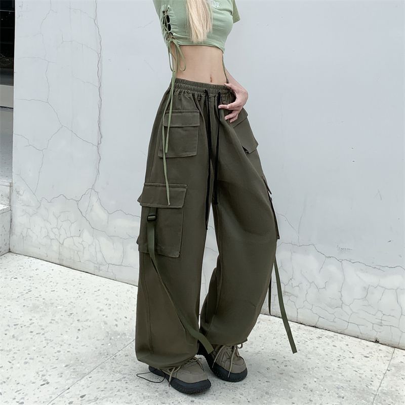 Vhancy - Low Rise Plain Wide Leg Cargo Pants