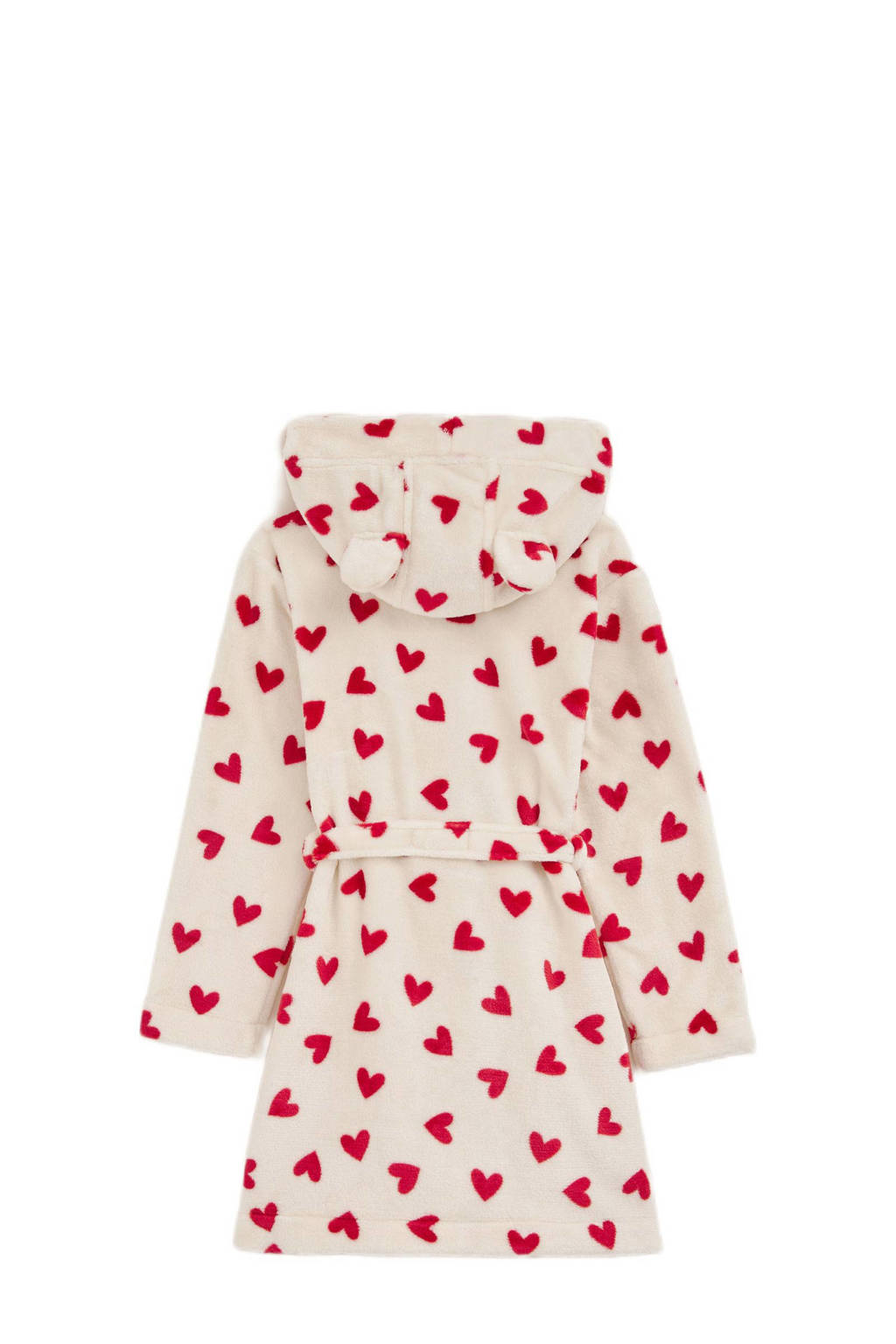 WE Fashion fleece badjas met hartjes print offwhite/rood