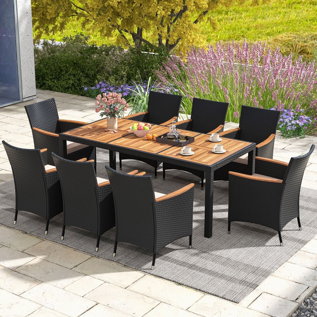Salon de Jardin en Rotin 9 Pièces Plateau de Table en Acacia Ensemble de Salle à Manger avec Coussins Amovibles Trou Charge 180KG Beige+Noir - Lidl-Manfred