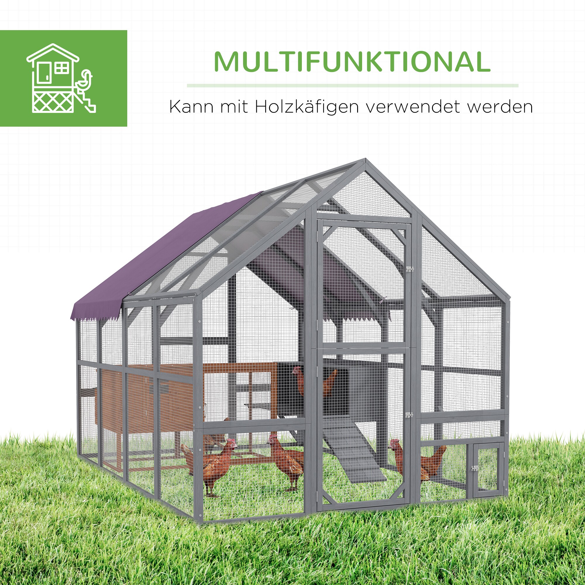 PawHut Hühnerstall mit Schattendach grau 280L x 185,5B x 188H cm