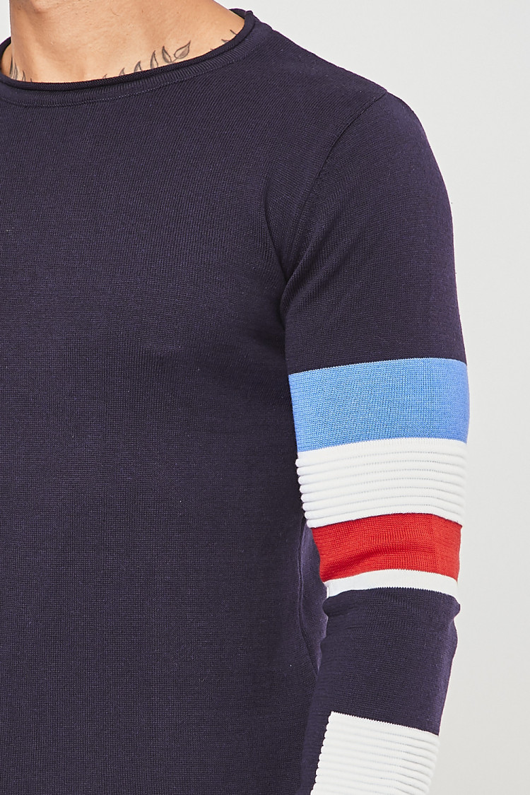Pull fin à bandes bleu