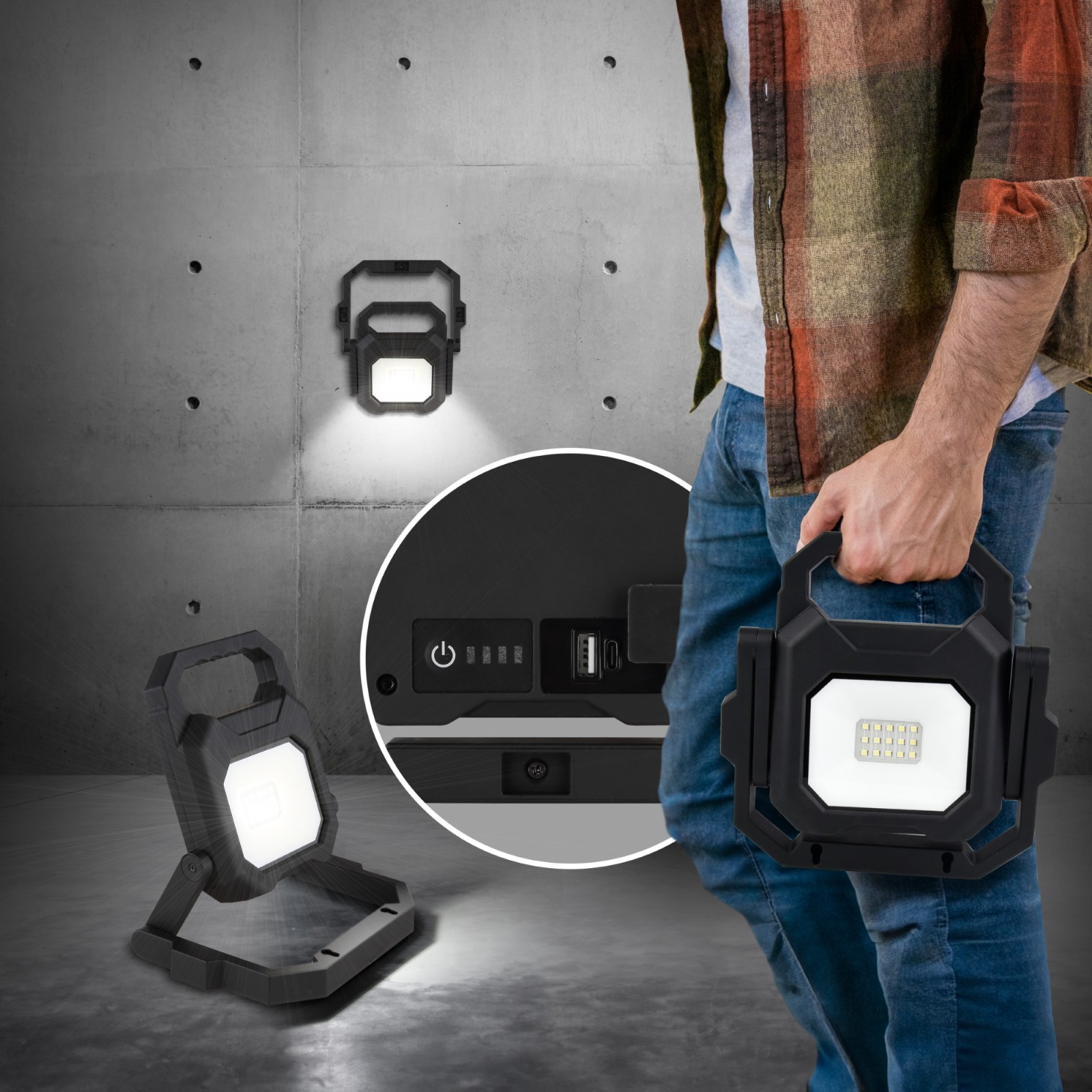 LED-Akku-Arbeitsleuchte - schwarz - klappbar