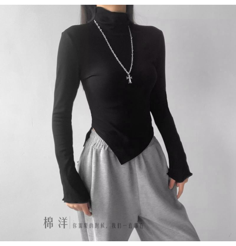 Honmizz - T-shirt met lange mouwen en col, asymmetrische en slanke pasvorm