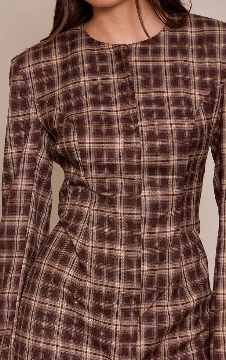Marron Robe Blazer Mini À Carreaux Avec Épaulettes