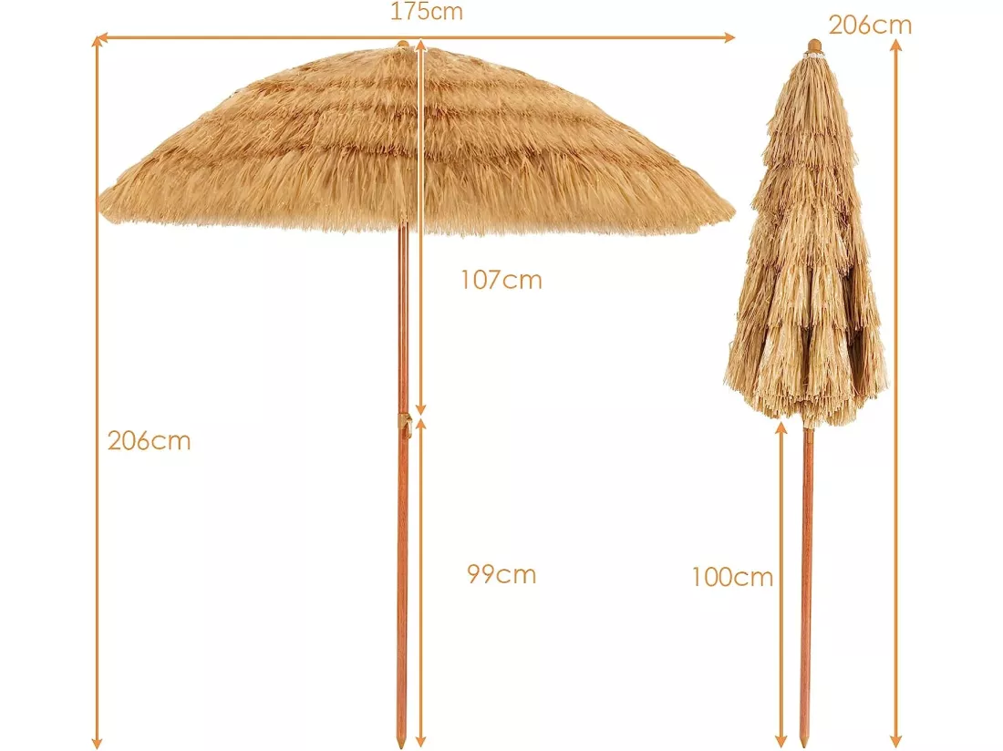 Parasol Inclinable de Paille 1,75M--Protection Solaire UPF 30+, Inclinable sur 30°/Style Hawaïen pour Plage de sable/Jardin/Terrasse/Plage Beige