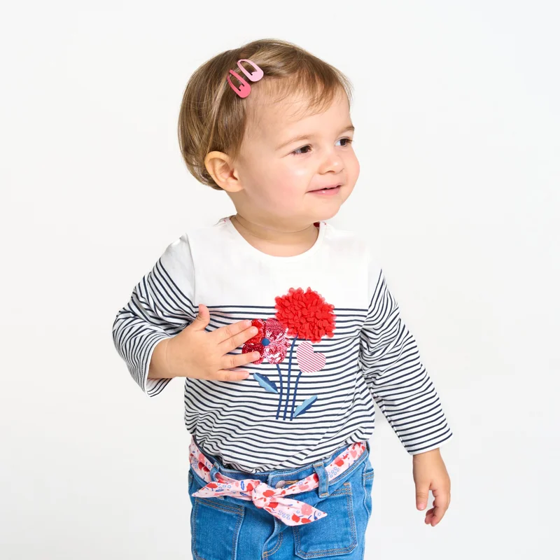 T-shirt rayé à fleurs rose bébé fille Bleu