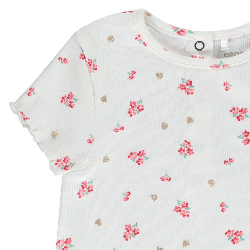T-shirt manches courtes effet côtelé fantaisie pour bébé fille - Ecru
