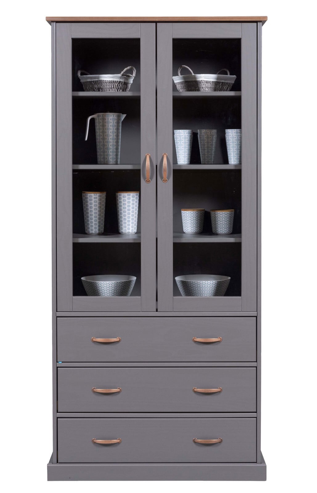 Vitrine NICLAS 90x190x38,4 cm Massivholz grau