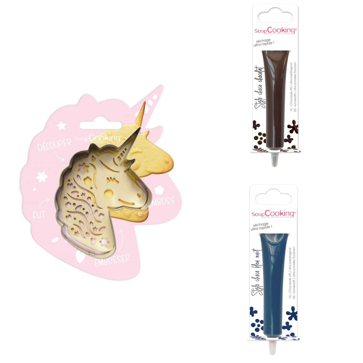 Kit pour biscuit en relief Licorne + 2 Stylos au chocolat marron et bl