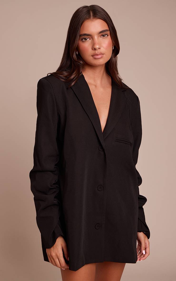 Noir Robe Blazer Cintrée En Tissu Tissé À Manches Froncées
