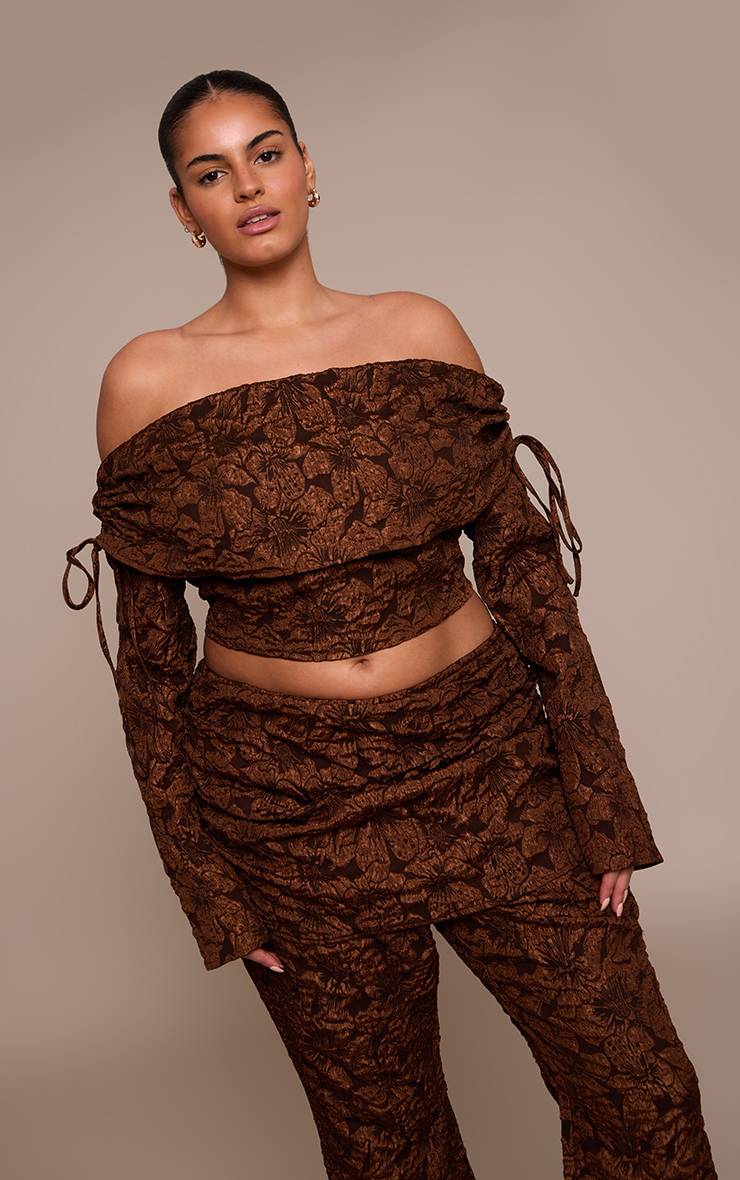 Chocolat Haut Bardot Jacquard Floral Grande Taille