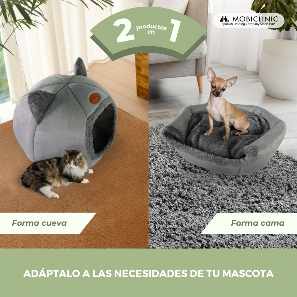 Ninho-caverna cinza para animais de estimação | Dobrável | Cinza | Confortável | Macio | 40x40x43 cm | Carga máxima 12 kg | HelloCatty | Mobiclinic