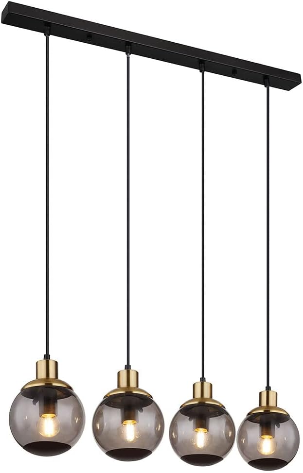 Hängelampe Glas modern Pendelleuchte Rauchglas Hängeleuchte schwarz, 4 flammig Metall Glaskugeln messing Retro, 4x E27 Fassungen, LxBxH 75x15x110cm