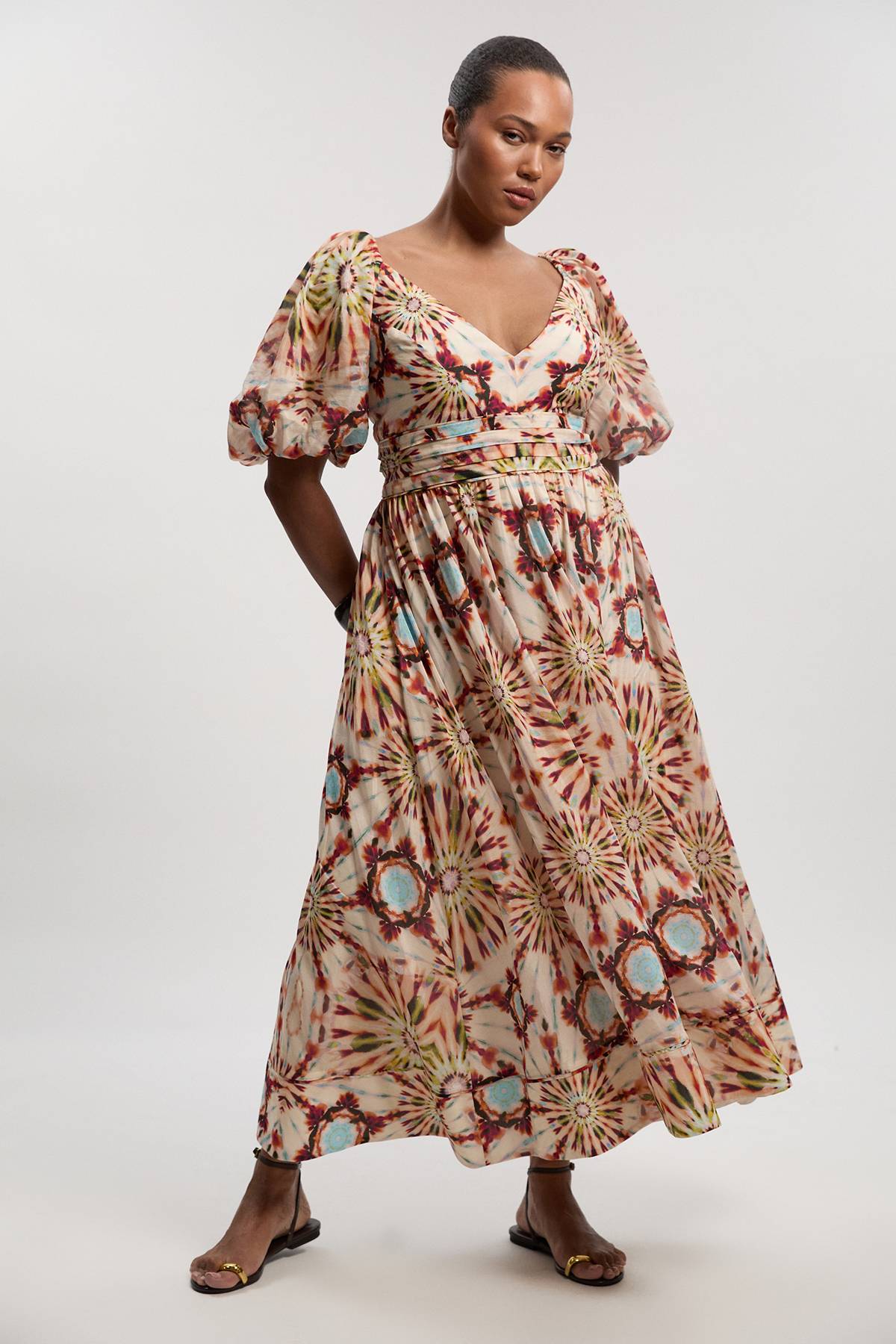 KarenMillen Robe Maxi Tissée Grande Taille À Manches Bouffantes En Soie-coton Imprimé Carreaux