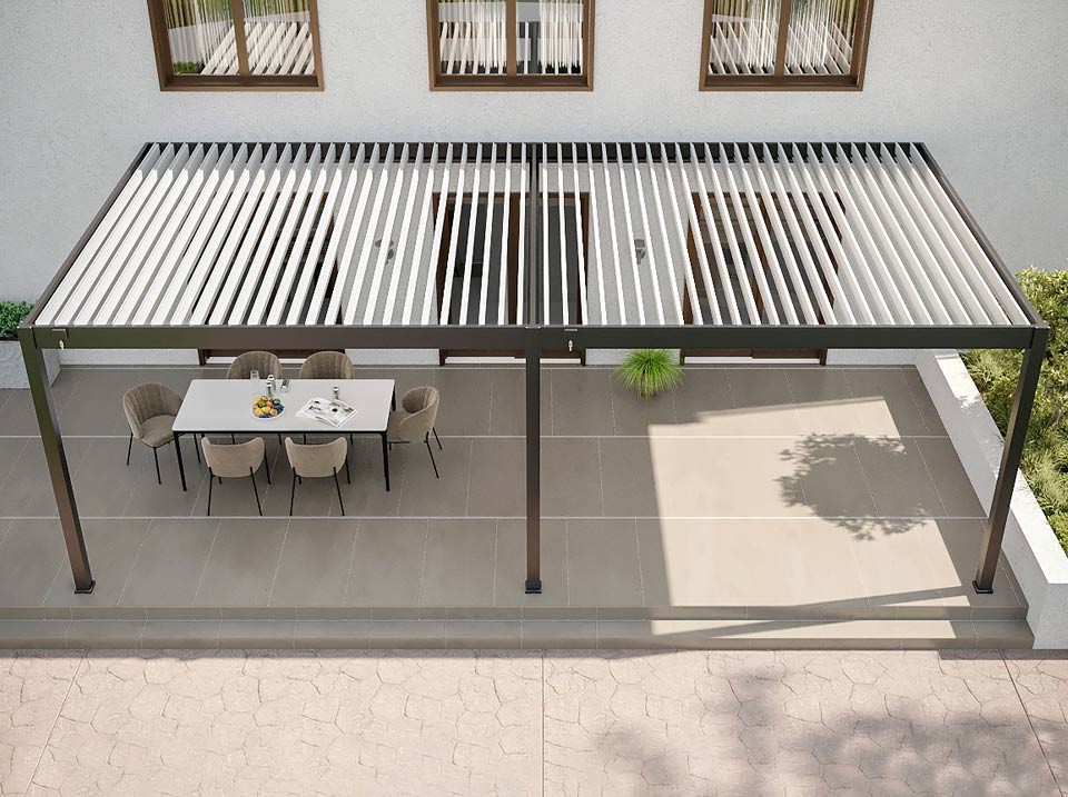 Pergola bioclimatique 4x8 - halo 32 anthracite adossee - lames orientables jusqu’a 120° - etanche - traite anti-uv - garantie 5 ans