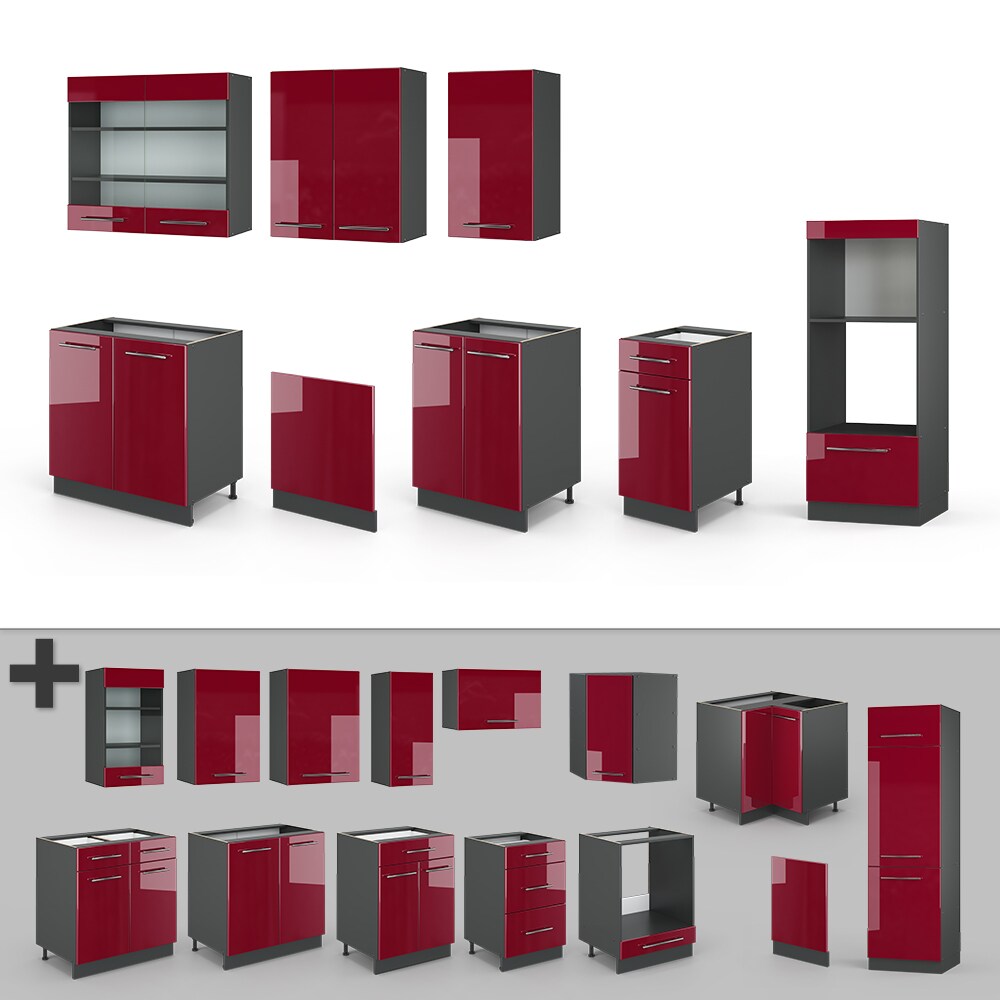 Vicco Küche Fame-Line 240 cm Küchenzeile Küchenblock Einbau Bordeaux Hochglanz