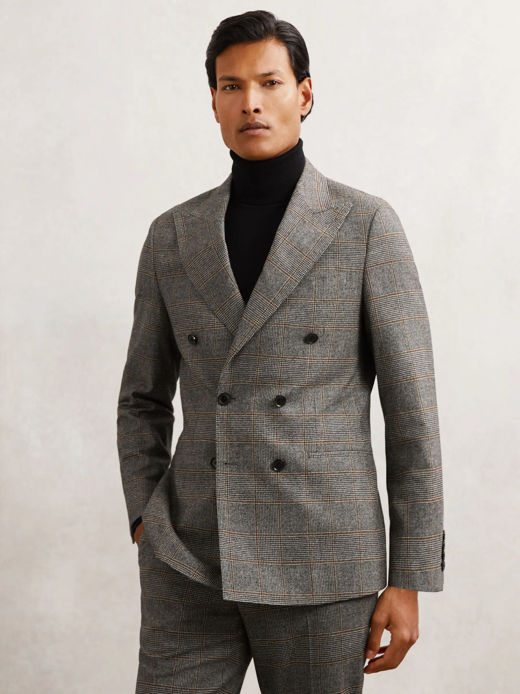 Reiss Jenson Wool Double-Breasted Check Suit Blazer Slim-Fit