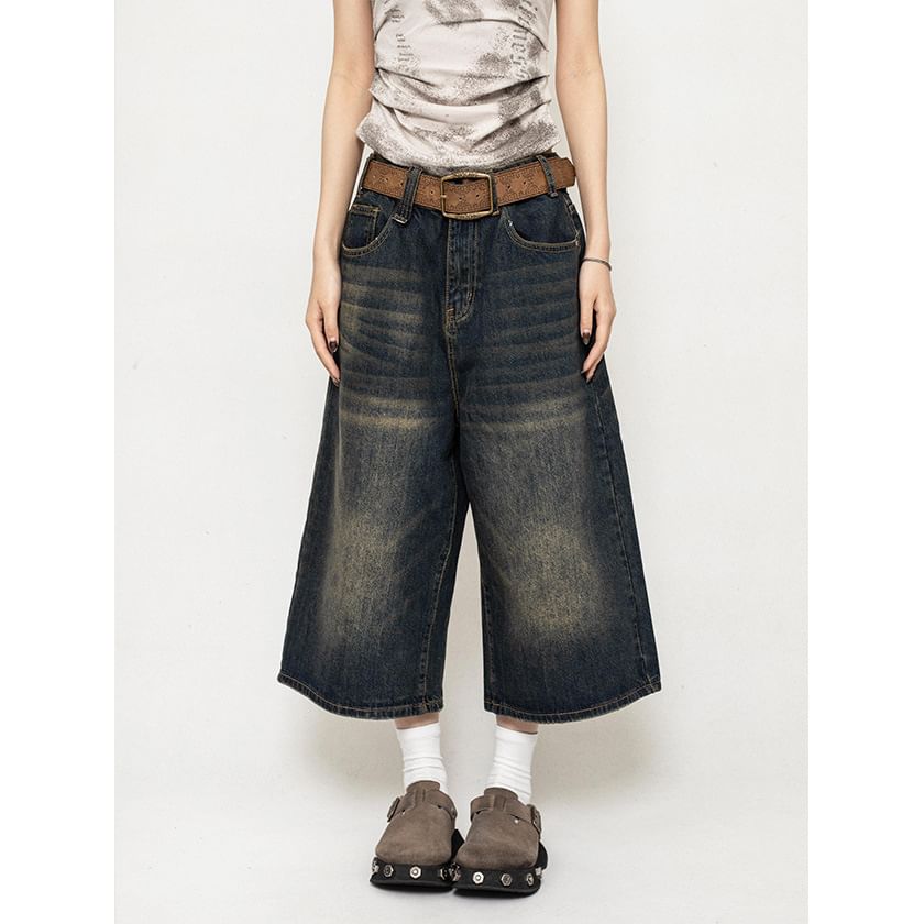 rinkoplan - Low Rise Washed Wide-Leg Denim Jorts