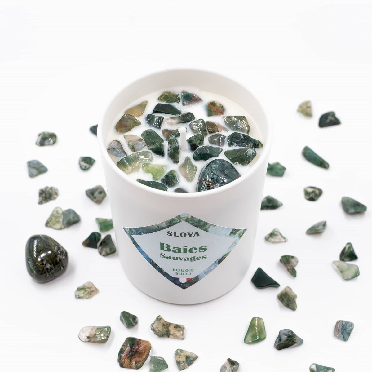 Bougie bijou pierres Agate Mousse - parfum Baies Sauvages