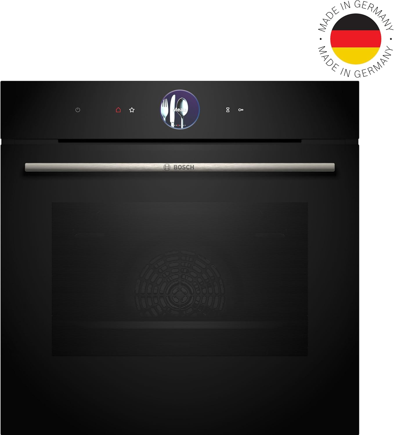 Bosch HBG7363B1, Serie 8 Smarter Einbau-Backofen, 60 x 60 cm, Made in Germany, Schwarz, Schmutzabweisend & Selbstreinigend, Air Fry, Bosch Assist Automatik, 4D Heißluft, Farb-Touchscreen & Bedienring