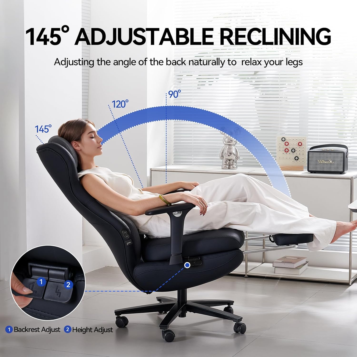 EMIAH Ergonomischer Bürostuhl, Schreibtischstuhl mit Fußstütze aus PU Leder, Verstellbare Armlehnen Compute Stuhl, mit Heizung und Massage, Chefsessel mit Kopfstütze und Lendenwirbelstütze, Schwarz FS6194690