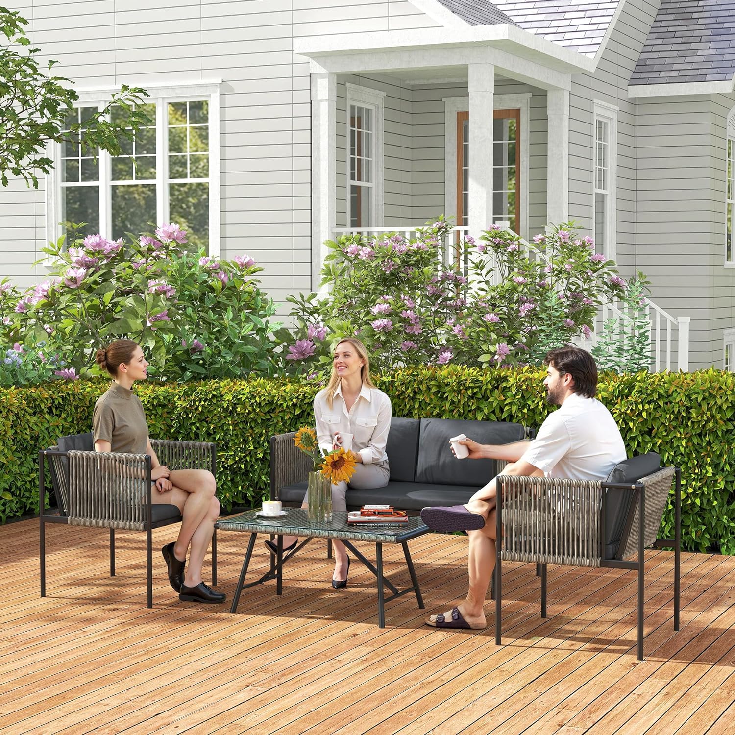 Outsunny Gartenmöbel Set aus Polyrattan Lounge-Set mit 2er Sofa Sessel Glastisch Kissen wetterfest Balkonmöbel für 4 Personen Outdoor Sitzgruppe Terrassenmöbel für Garten Balkon Grau