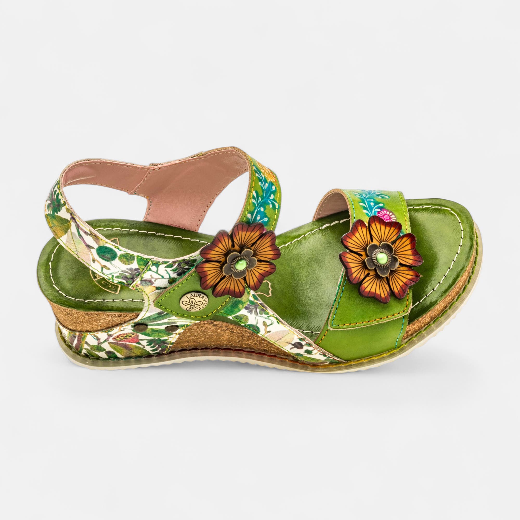 Sandales à talon compensé Femme en cuir vert