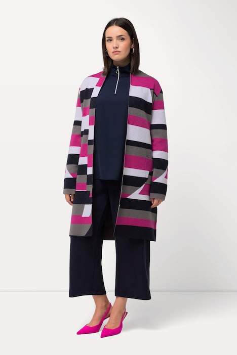 Strickjacke, Jacquard, offene Form, Kelchkragen