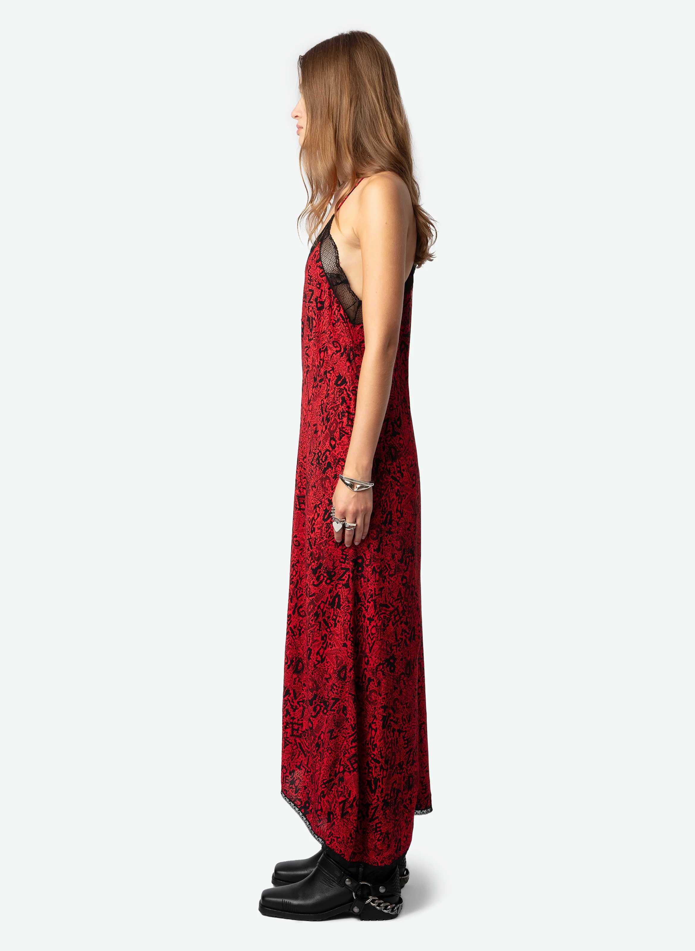 RISTY - Robe longue imprimée à dentelle | Rouge