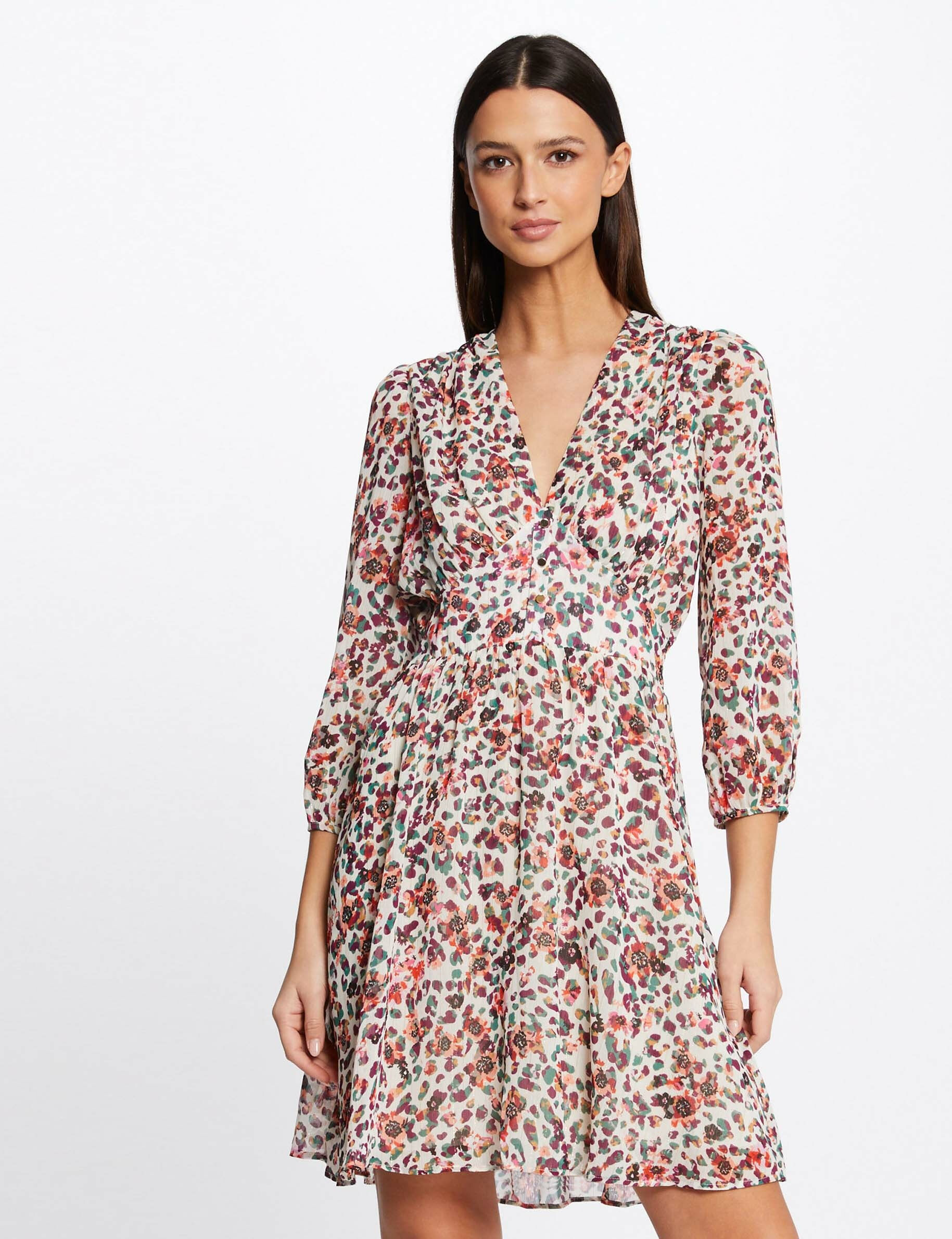 Robe trapèze fluide imprimé floral ecru femme - ecru
