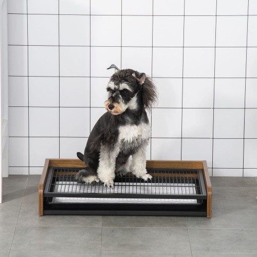 Banheiro para cães PawHut em aço inoxidável com detalhes em madeira marrom escura e preta.